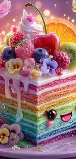 A colorful cartoon cake with fruits and flowers on a pink background.