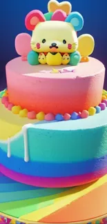 Colorful cartoon cake with a cute character on a vibrant rainbow-themed background.