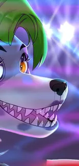 Colorful cartoon canine with vibrant lights.