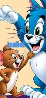 Playful cartoon cat and mouse on wallpaper.