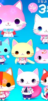 Vibrant cartoon cat wallpaper with colorful outfits on blue background.