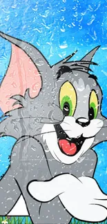 Cartoon cat with raindrop effect on sky blue background.