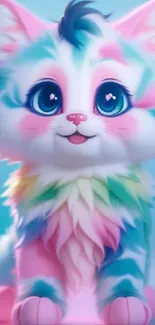 Colorful cartoon cat with big blue eyes and pastel fur.