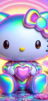 Colorful cartoon cat with rainbow hues and a bow, perfect for phone wallpaper.