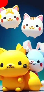 Cute cartoon cats and bunny with hearts on a colorful wallpaper.