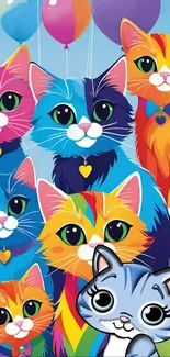 Colorful cartoon cats with balloons and rainbow.