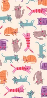 Colorful cartoon cats on cream background wallpaper.