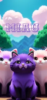 Three cartoon cats sitting under a blue sky with 'MIAU' text.