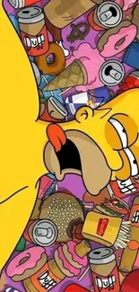 Vibrant cartoon character surrounded by food and drinks.