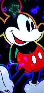 Cartoon character outlined in neon colors on a black background.