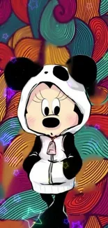 Cute cartoon character in panda hoodie on a colorful abstract background.