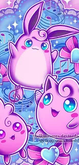 Colorful cartoon characters with musical themes and pink background.