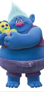 Blue cartoon character holding a toy