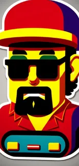 Vibrant cartoon character with bold colors, wearing a red cap and sunglasses.