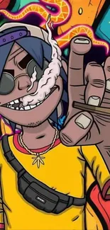 A vibrant cartoon character with colorful graffiti in the background.