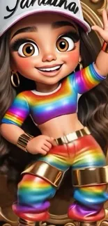 Colorful cartoon character in rainbow attire with gold accents.