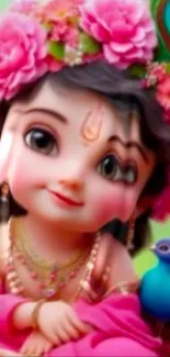 Cartoon character with flowers and peacock, vibrant and colorful.