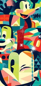 Colorful cartoon character collage wallpaper with a vibrant abstract design.