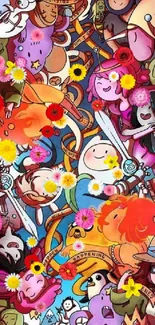 Colorful cartoon character collage wallpaper, vibrant and artistic.