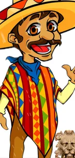 Vibrant cartoon character in colorful Mexican attire with a prominent yellow hat.