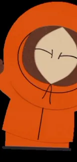 Colorful cartoon character in orange hooded outfit on black background.