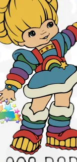 Cartoon character in colorful outfit with rainbow and stars.