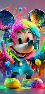 Colorful cartoon character with vibrant paint splash effects.