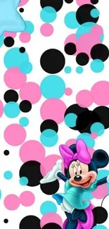 Cartoon character on pink and blue polka dot wallpaper.