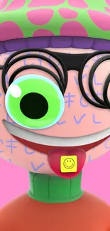 Vibrant cartoon character with pink background and neon green eyes.