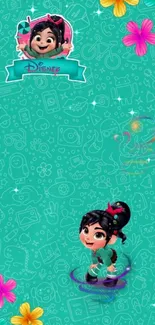 Cartoon character with colorful flowers on a teal background wallpaper.