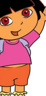 Cheerful cartoon character with pink shirt and orange shorts.