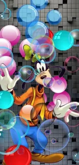 Cartoon character with colorful bubbles on black mosaic background.