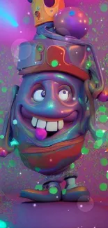 3D cartoon character with vibrant neon colors in a playful scene.