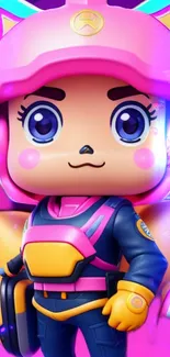 Colorful cartoon character wearing a pink helmet with a vibrant, futuristic design.