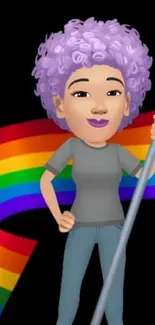 Cartoon character with purple hair and rainbow background.