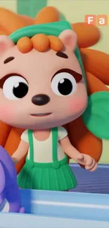 Colorful cartoon character with orange hair and green outfit.