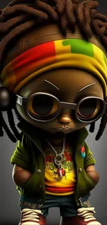 A reggae-themed cartoon character with dreadlocks and sunglasses.
