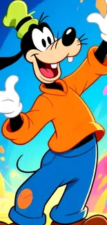 Colorful cartoon character with an orange outfit in a vibrant scene.