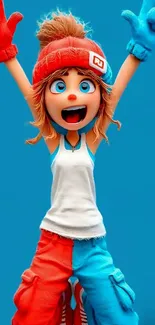 Colorful cartoon character with vibrant expression and unique outfit on blue background.