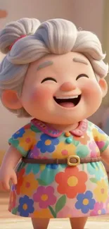 Cheerful cartoon character with floral dress, laughing joyfully in bright colors.