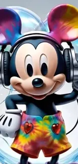 Cartoon character with headphones in colorful attire.