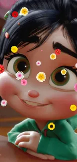 Colorful cartoon character with expressive eyes and vibrant surroundings.