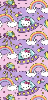 Colorful cartoon character wallpaper with rainbows and pastel clouds.