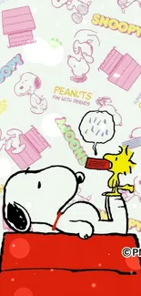 Playful Snoopy design with colorful elements for mobile wallpaper.