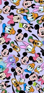 Vibrant cartoon characters on lavender background wallpaper.