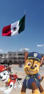 Cartoon characters with Mexican flag in bright daylight.