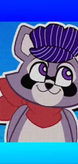 Cartoon raccoon with purple scarf on blue background.