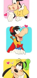 Colorful cartoon characters on pastel backgrounds for mobile wallpaper.