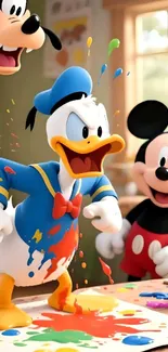 Donald Duck and friends splashing paint in a fun, colorful setting.