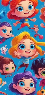 Colorful cartoon child characters on a blue background.